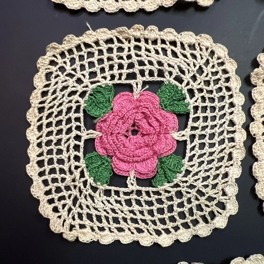 VTG 1950's Hand Crochet 3D Pink Beige Green Doilies Coasters Set Of 5 EUC